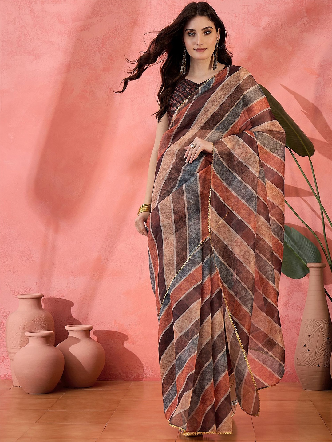 

Sangria Striped Organza Saree With Gotta Patti, Tan