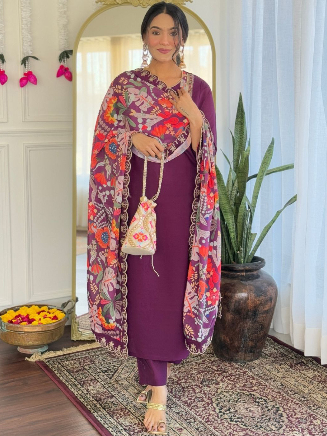

KALINI Yoke Design Straight Thread Work Kurta With Trousers And Dupatta, Purple