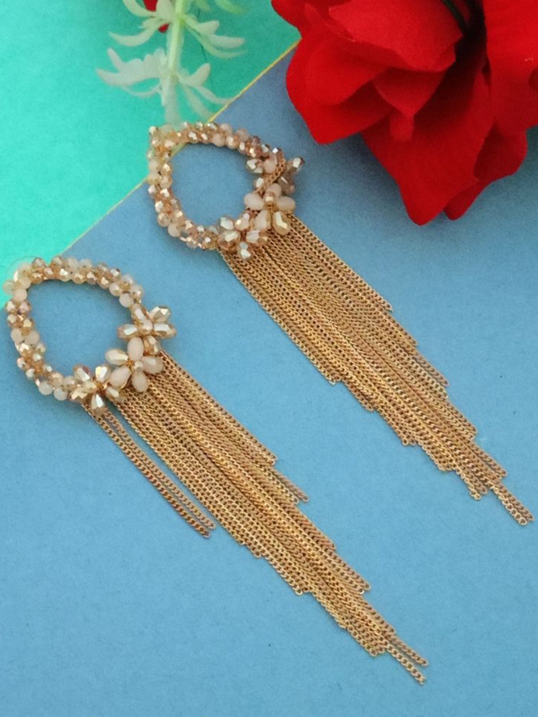 

DIVASTRI Gold-Plated Artificial Beaded Oval Shaped Tasselled Drop Earrings