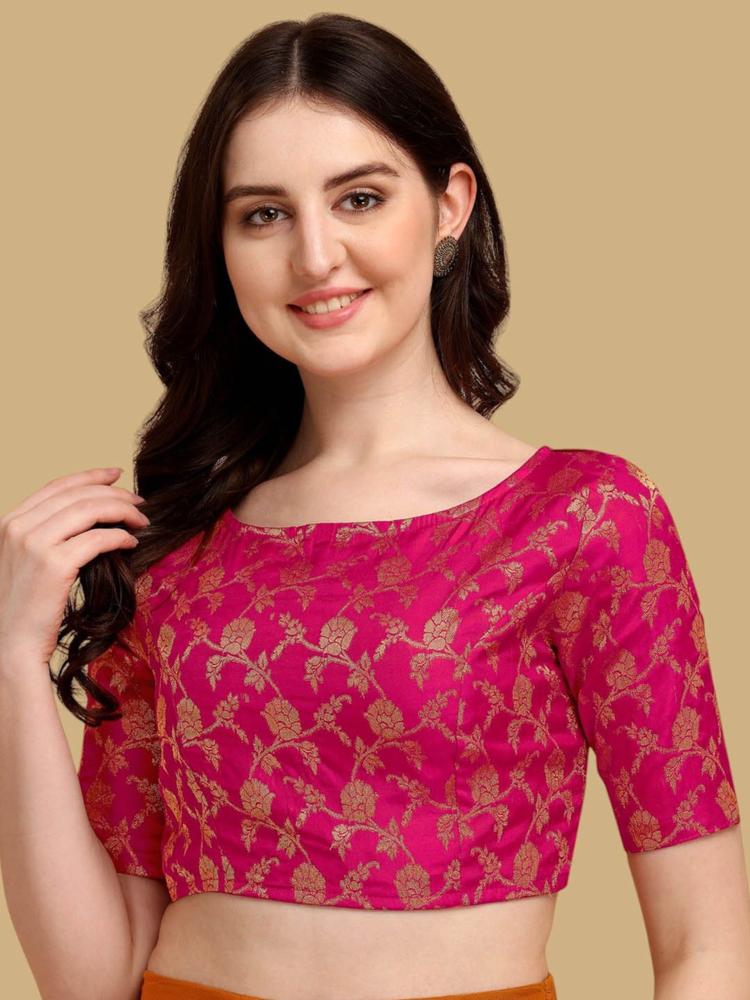 

Oomph! Woven Design Boat Neck Jacquard Saree Blouse, Pink