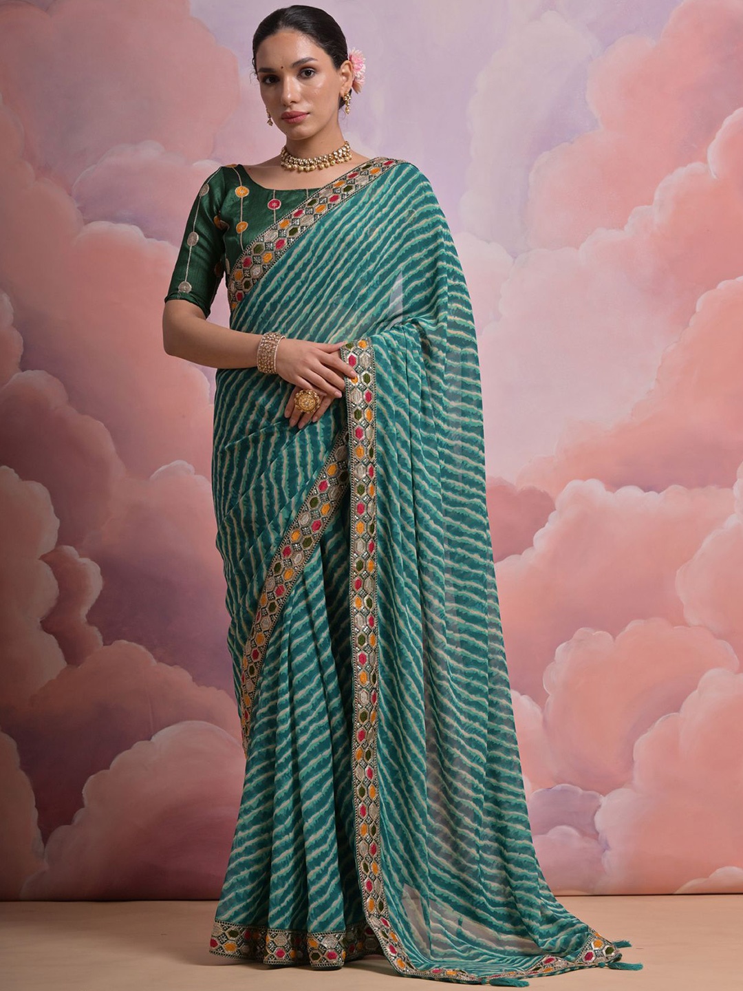 

LeeliPeeri Designer Striped Embroidered Saree, Green