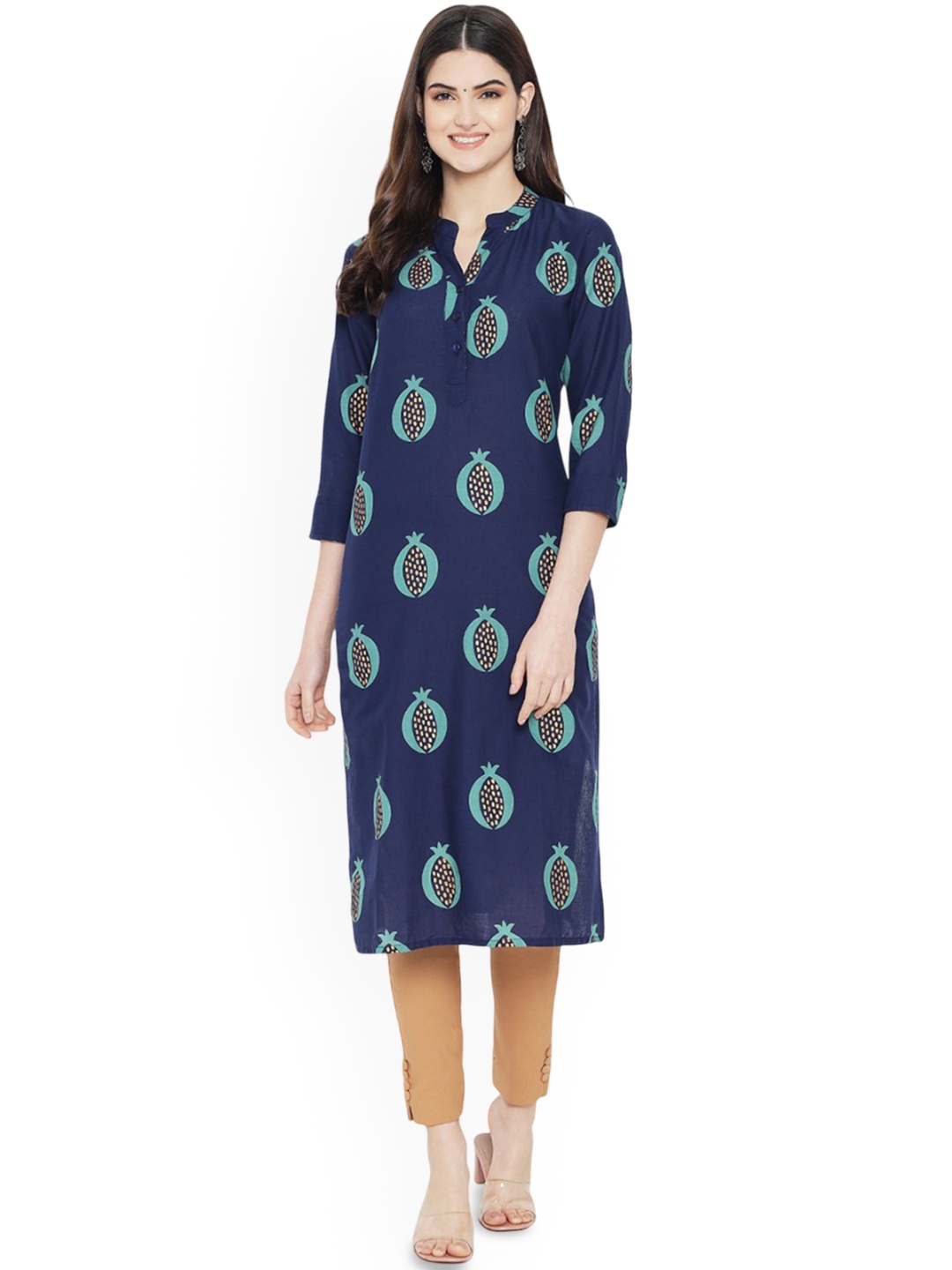

7Threads Ethnic Motifs Printed Mandarin Collar Straight Cotton Kurta, Navy blue