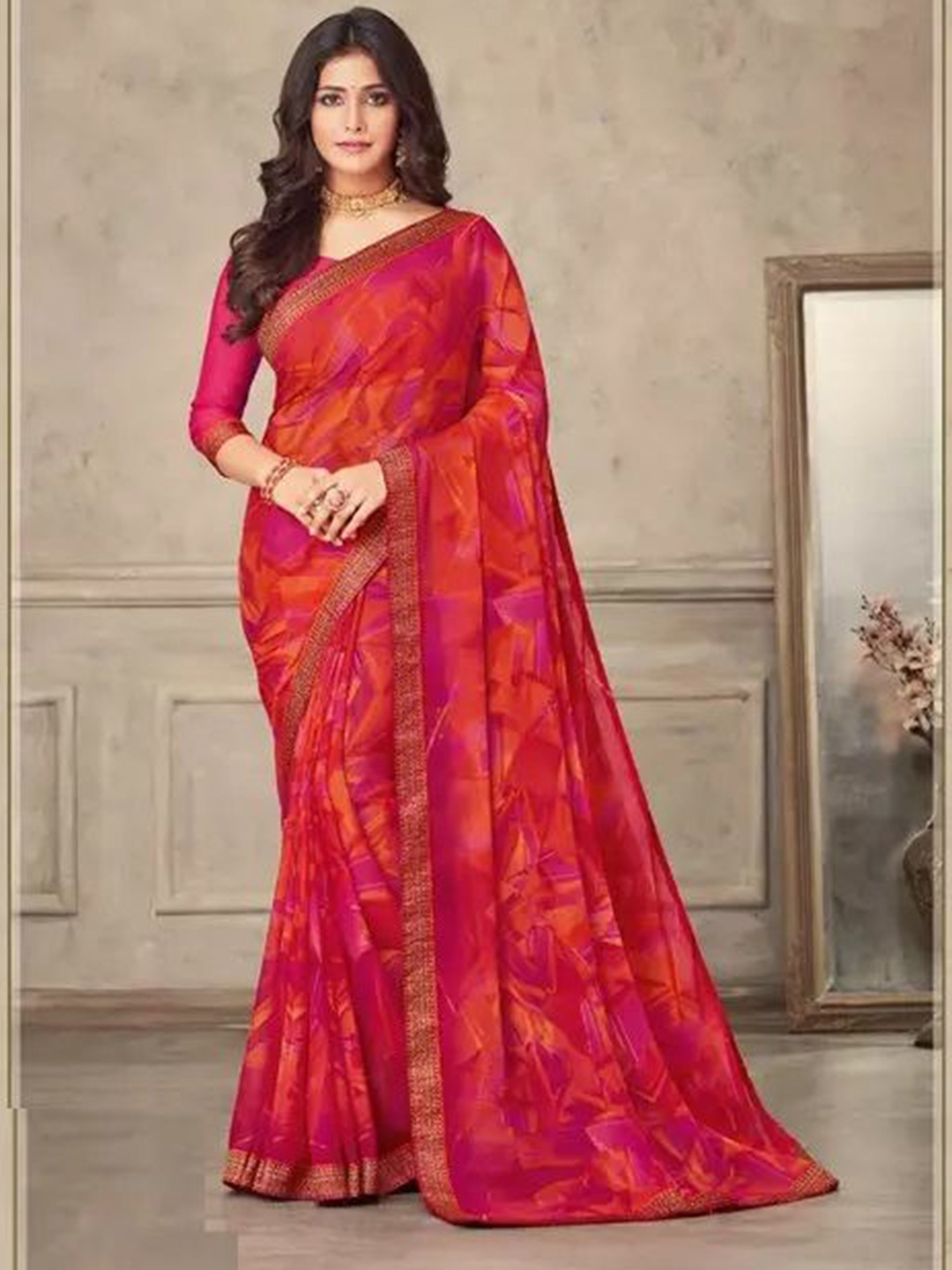 

Styleveda Abstract Printed Woven Design Zari Pure Georgette Saree, Red