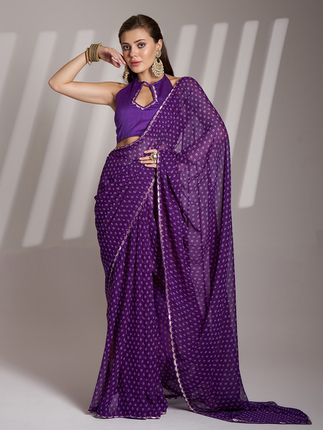 

MAHALASA Bandhani Printed Embroidered Pure Georgette Saree, Purple