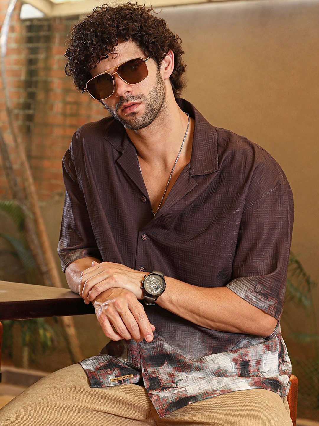

Campus Sutra Men Classic Oversized Fit Cuban Collar Textured Casual Shirt, Brown