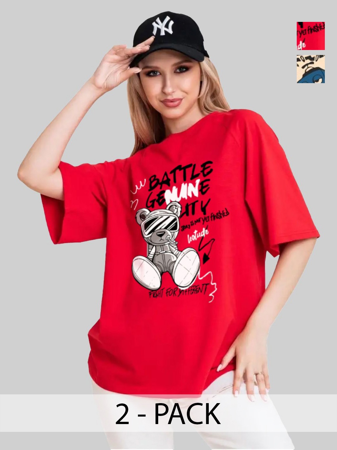 

Leotude Women Pack Of 2 Graphic Printed Round Neck Cotton Oversized T-shirts, Red