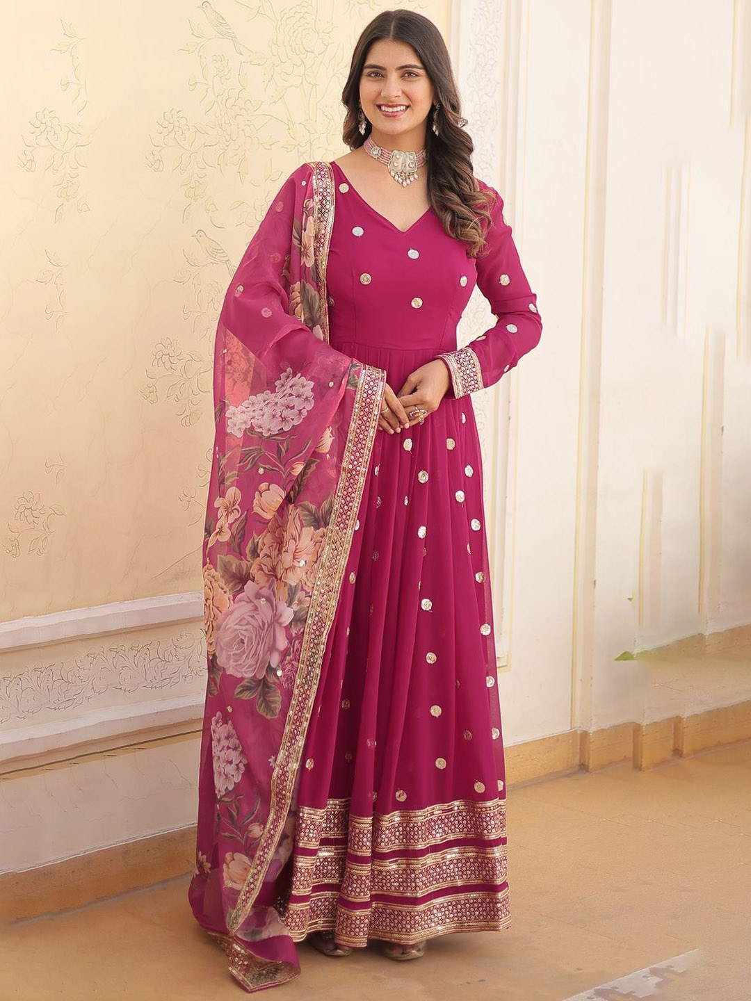 

Fashion Basket Embroidered V Neck Ethnic Dresses With Dupatta, Pink