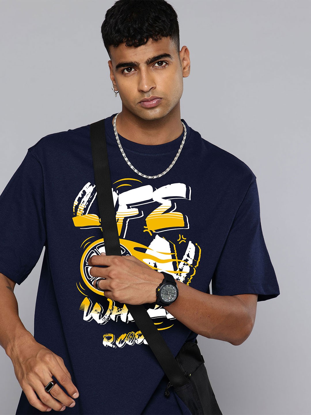 

R.Code by The Roadster Lifestyle Co. Men Typography Printed Cotton Relaxed Fit T-shirt, Navy blue