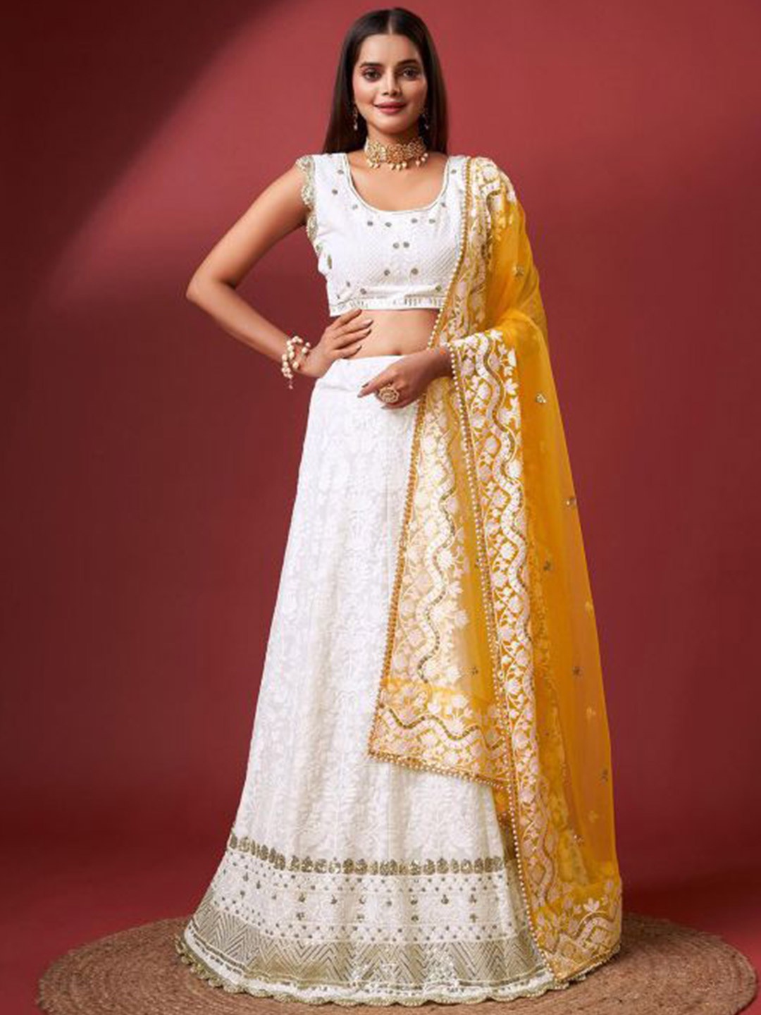 

FABPIXEL Embroidered Semi-Stitched Lehenga & Unstitched Blouse With Dupatta, White