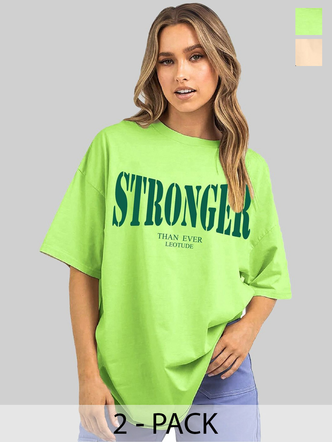 

Leotude Women Pack Of 2 Graphic Printed Round Neck Cotton Oversized T-shirts, Green