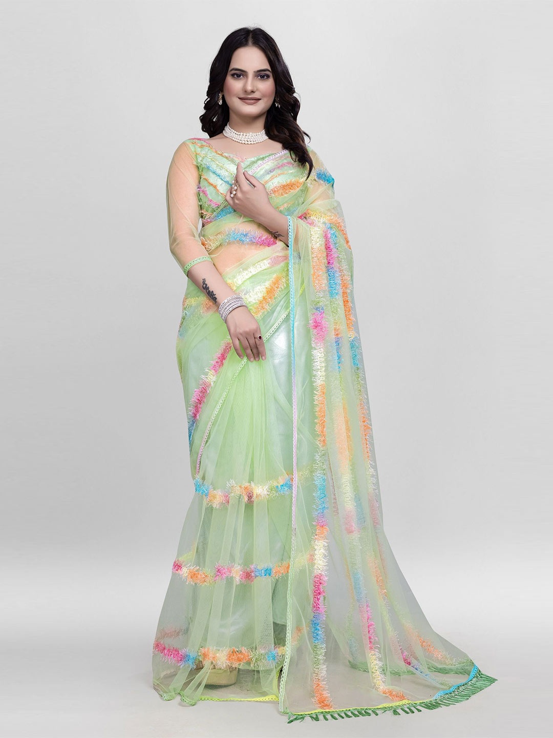 

Aika Embellished Gotta Patti Net Saree, Lime green