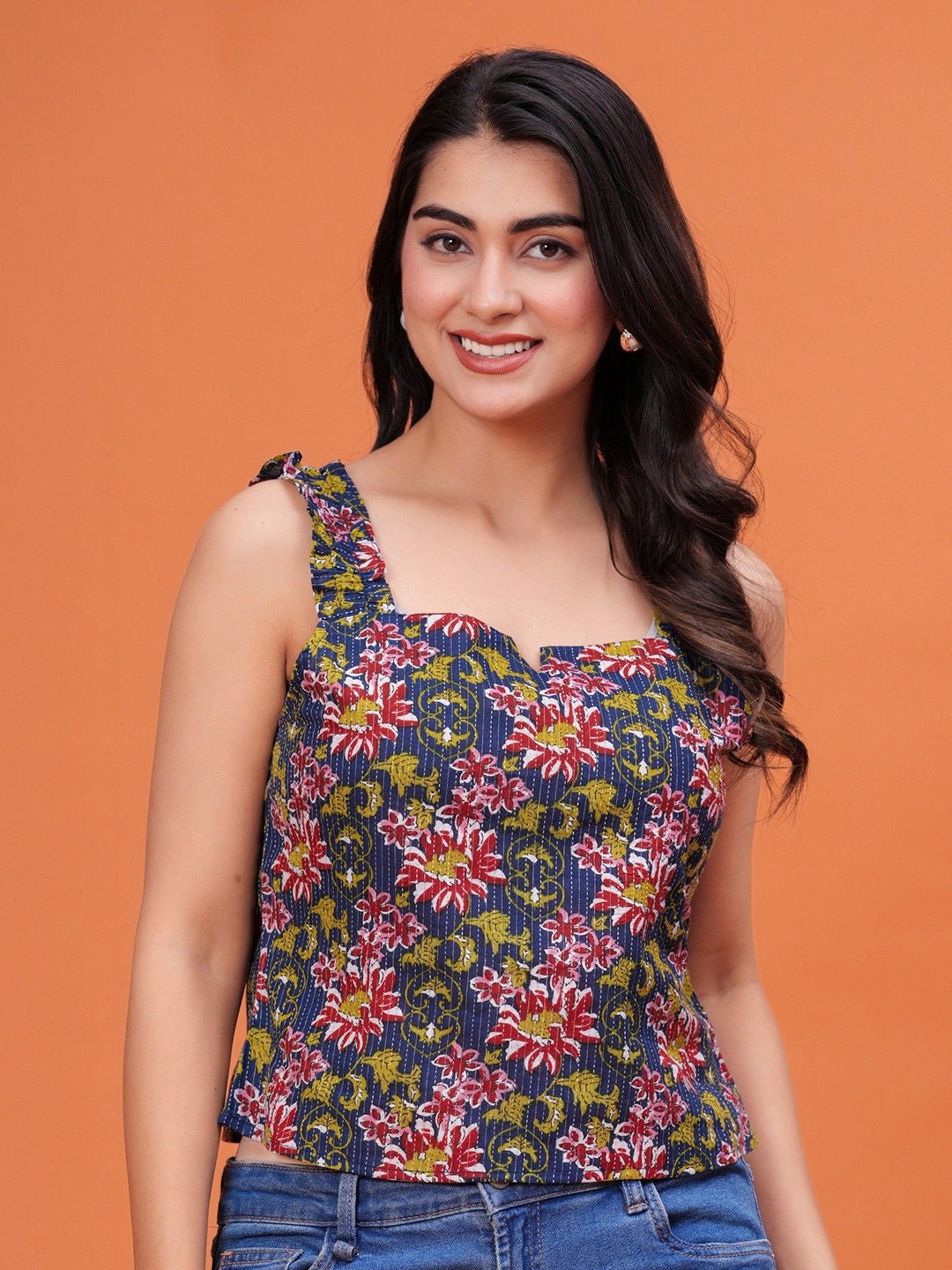 

UT Venero Floral Print Shoulder Straps Neck Cotton Top, Blue