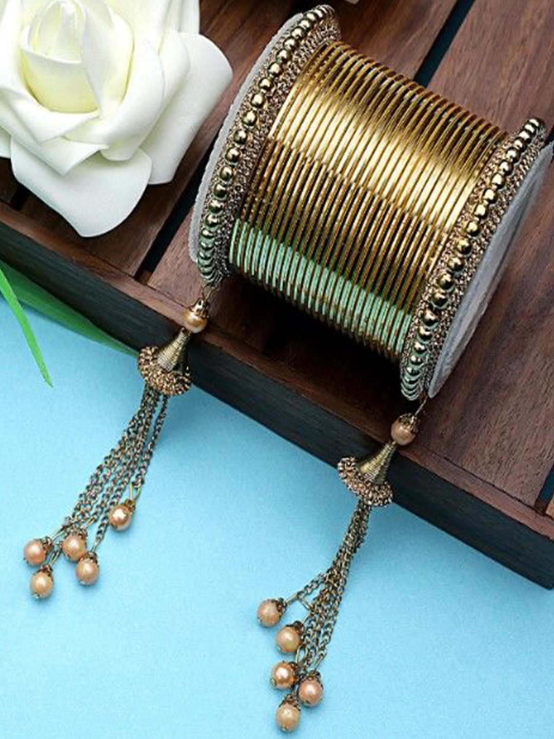 

leshya Set Of 14 Stone-Studded & Beaded Shining Bangles, Gold