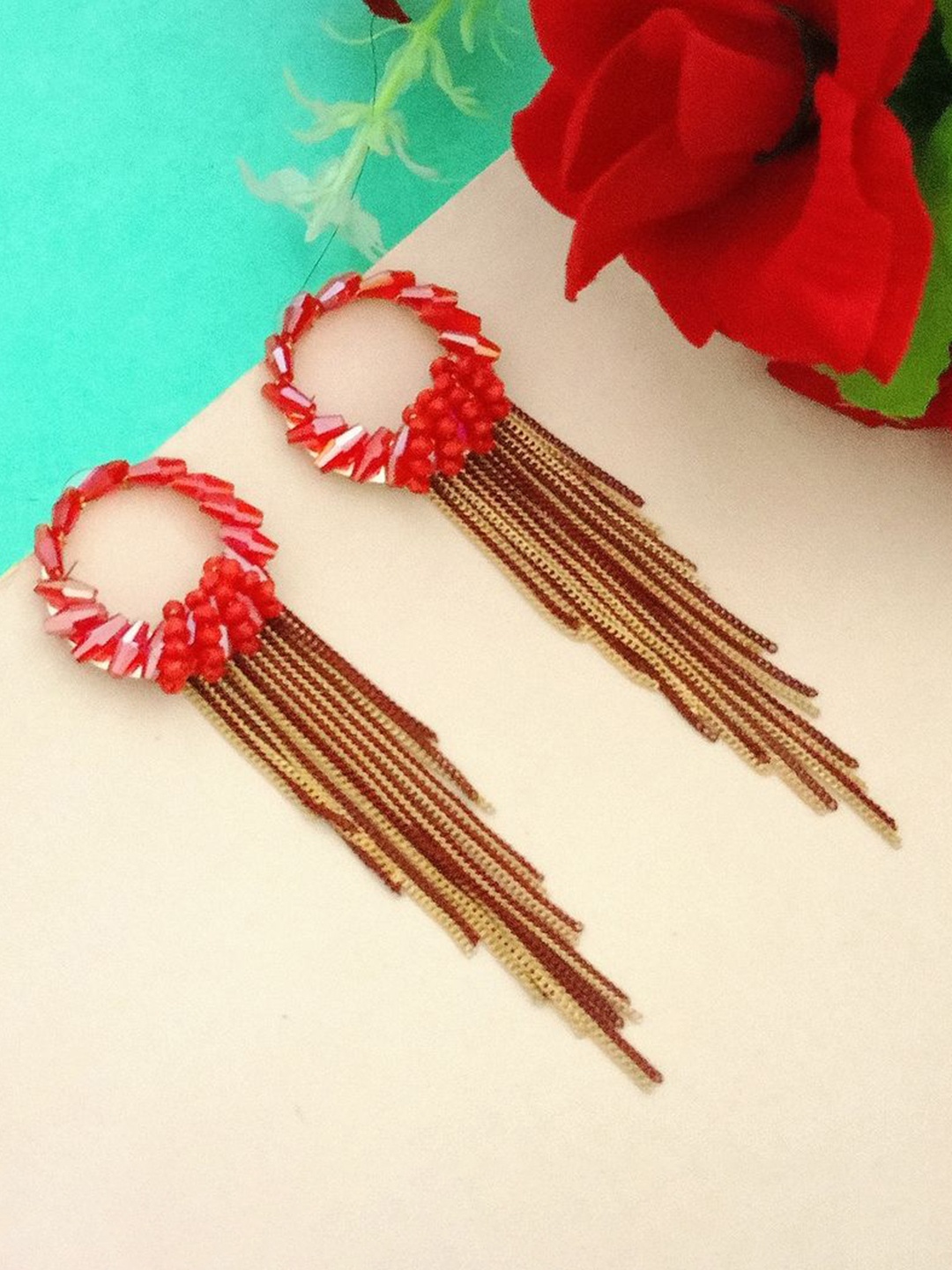 

DIVASTRI Gold-Plated Artificial Beads Contemporary Shaped Drop Earrings, Red