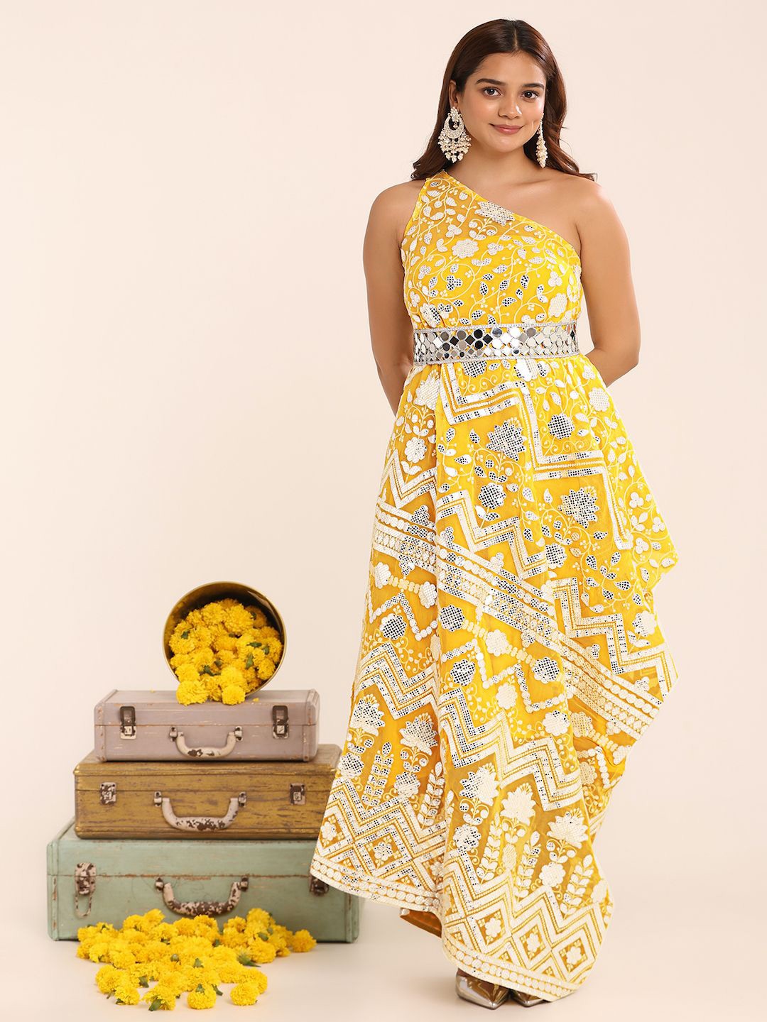 

THE BLESSED WARDROBE Women Embellished Georgette Fit & Flare Ethnic Maxi Dress, Yellow