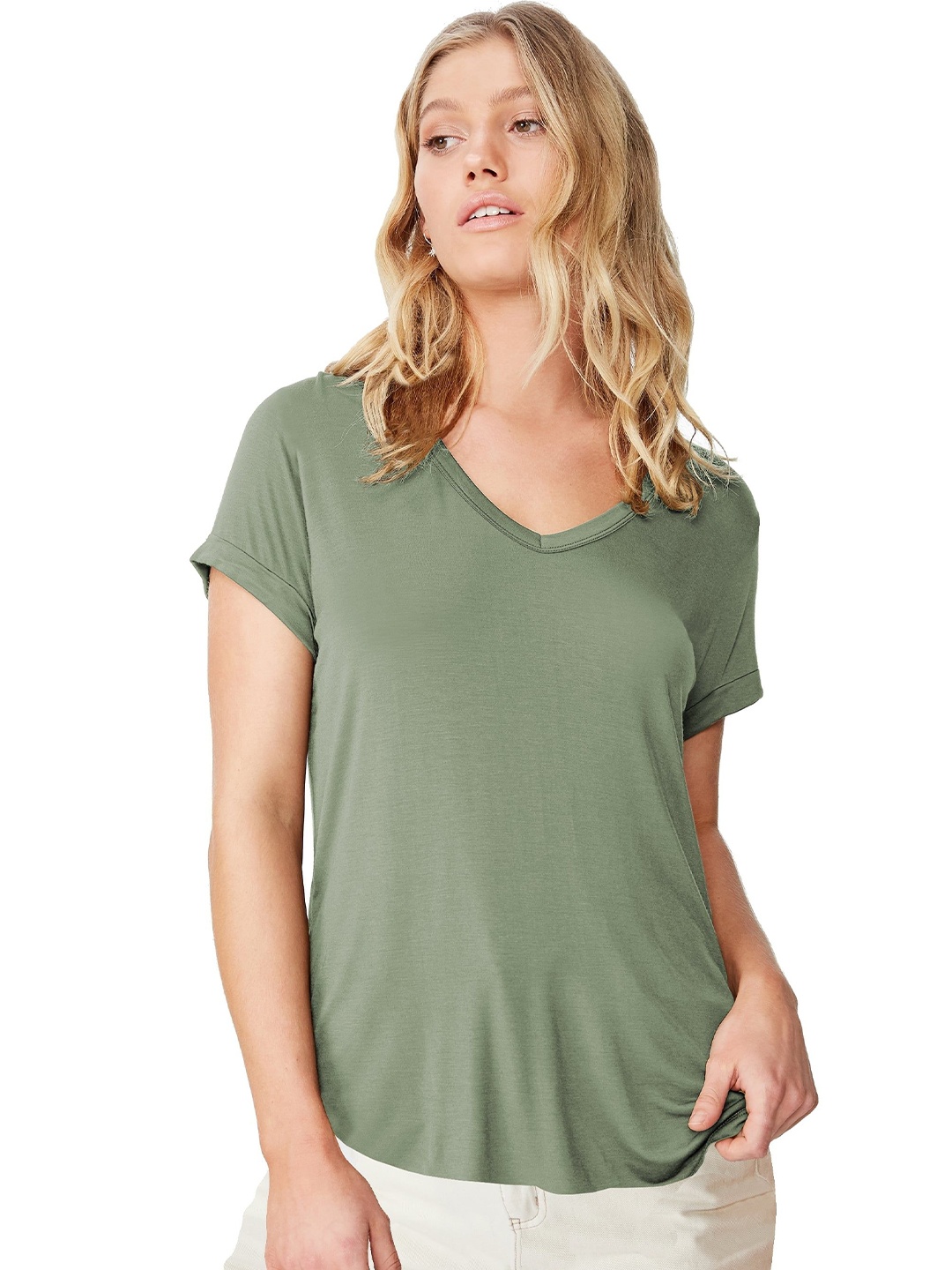 

FABRICORN V-Neck Cotton Regular High-Low Top, Olive