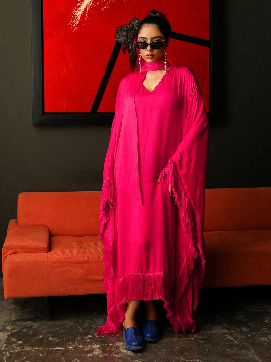 

4427 clothing Women's Cotton Fringe Kaftan Maxi Dress, Pink