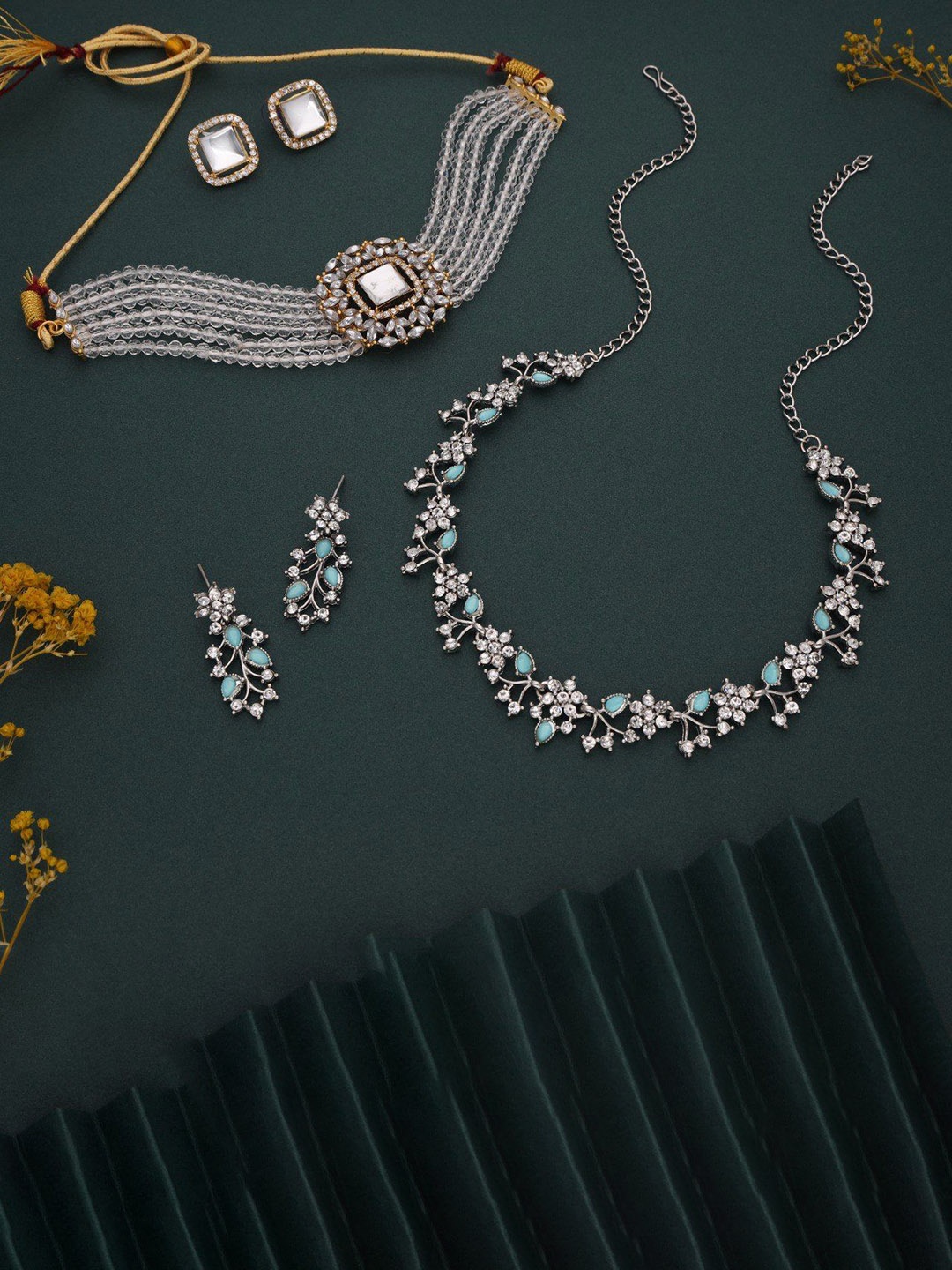 

Lyriss Set Of 2 Gold-Plated & Silver-Plated American-Diamond-Studded Jewellery Set