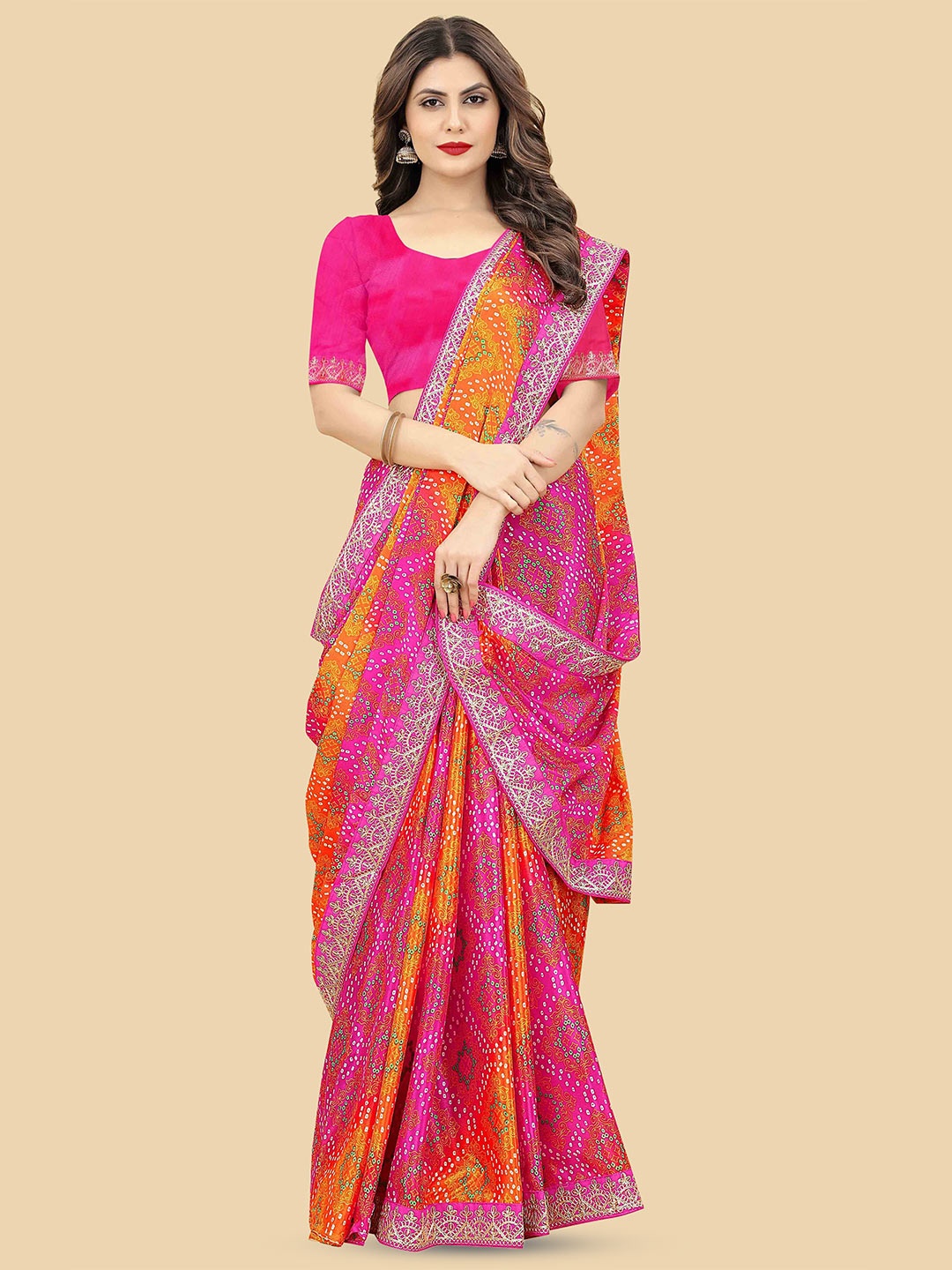 

Peachmode Bandhani Printed Embroidered Pure Chiffon Saree, Pink