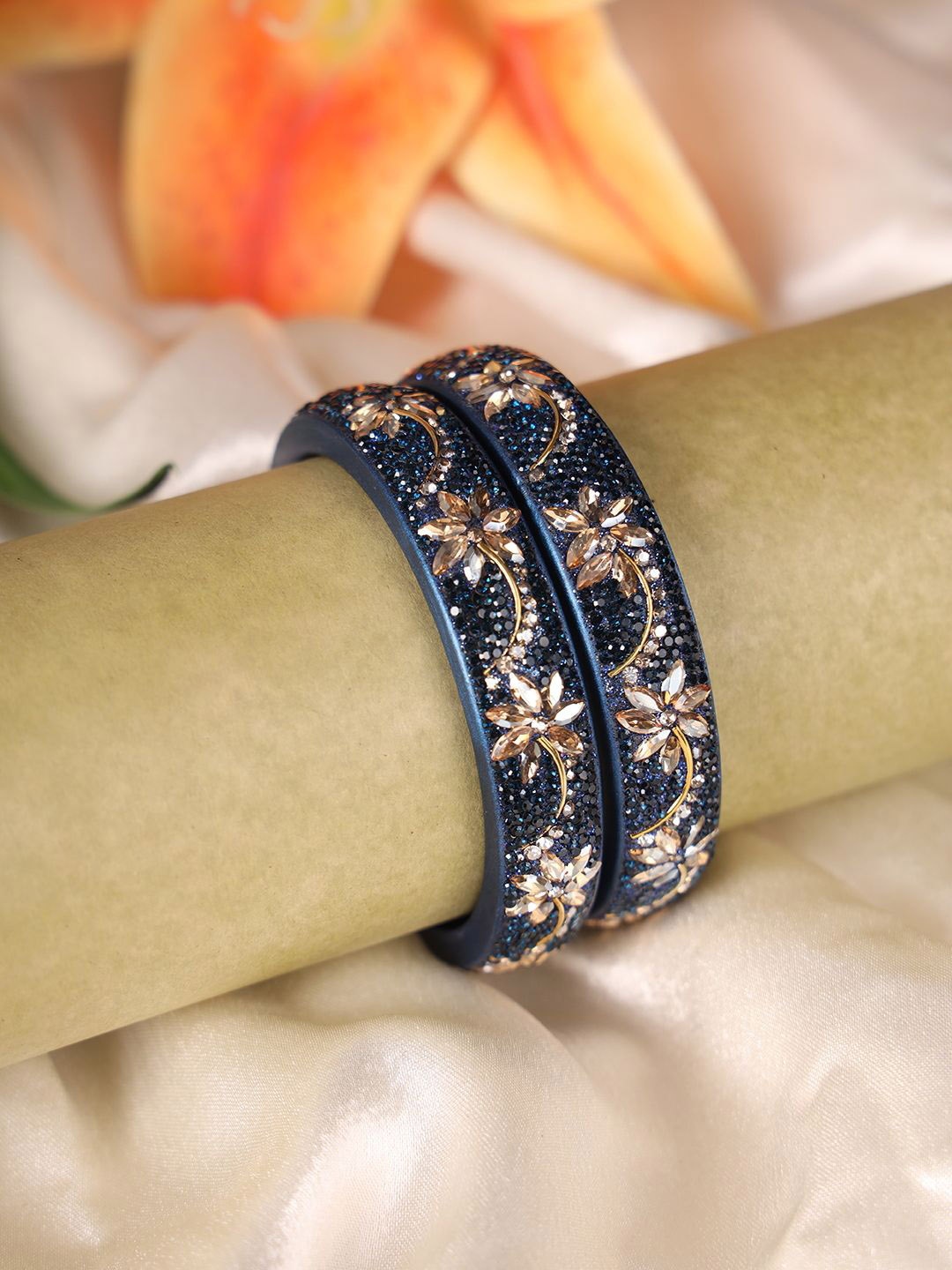 

ZULKA Set Of 2 Floral Diamond Zircon Gemstones & Beads Studded Bangles, Blue