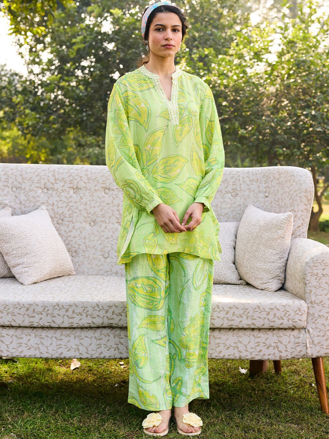 

SAUNDH Cava Printed Mandarin Collar Linen Tunic With Trouser, Green