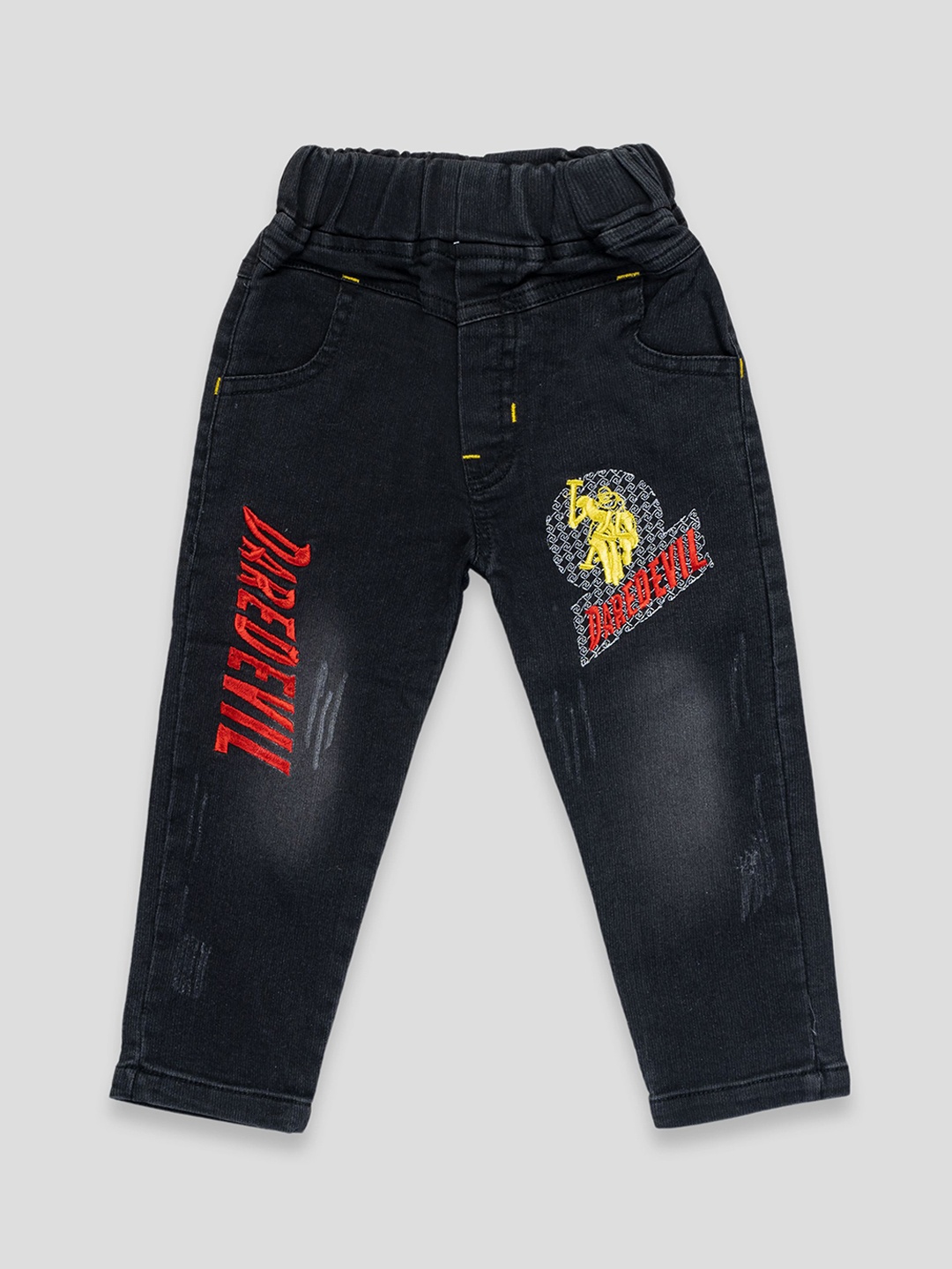 

YK X JUST KiDDiNG Boys Regular Fit Mid-Rise Light Fade Printed Jeans, Black