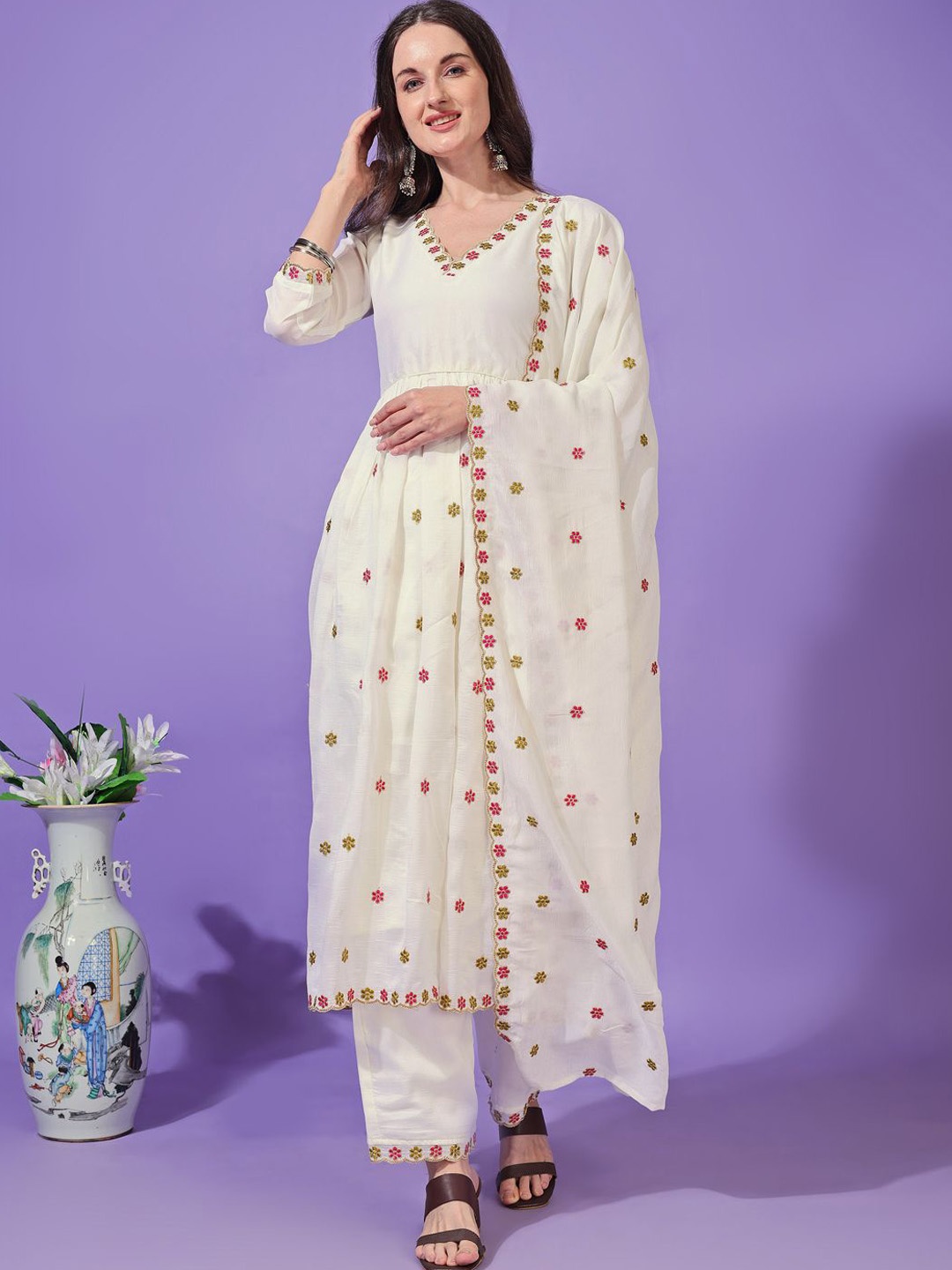 

KALINI Floral Embroidered V-Neck A-line Kurta With Trouser And Dupatta, White