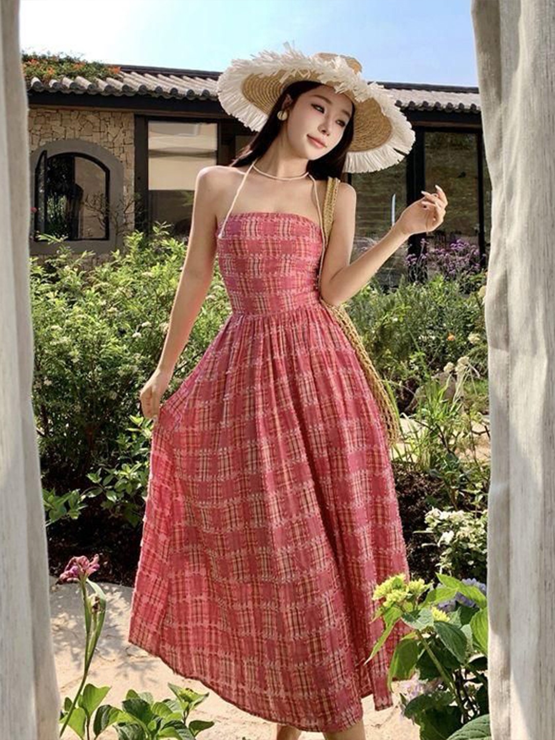 

MADE FOR HER LABEL Women Ruhan Plaid Strapless Midi Beach Bandeau Dress, Pink