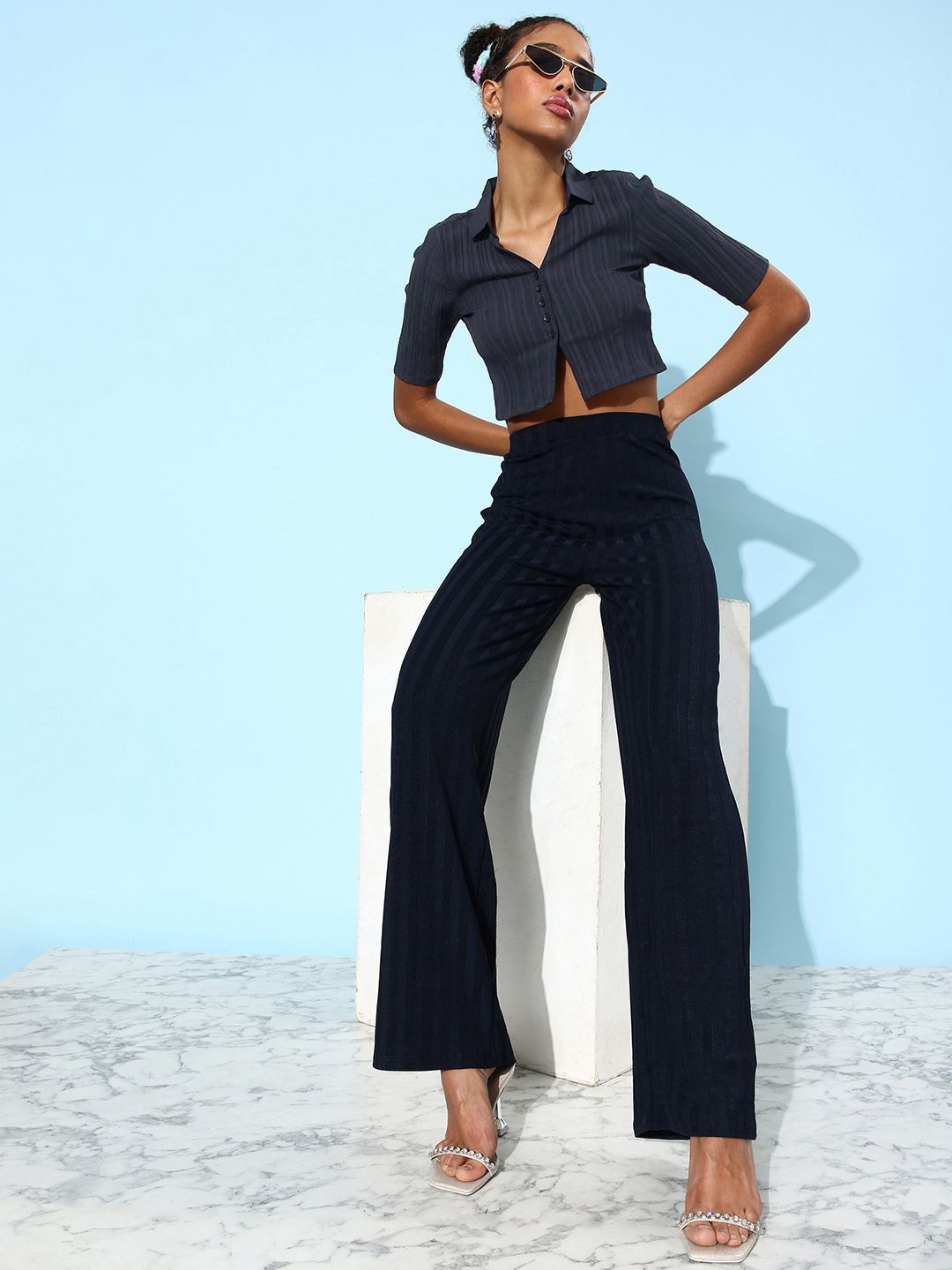 

DressBerry Women Spread Collar Textured Casual Shirt, Navy blue