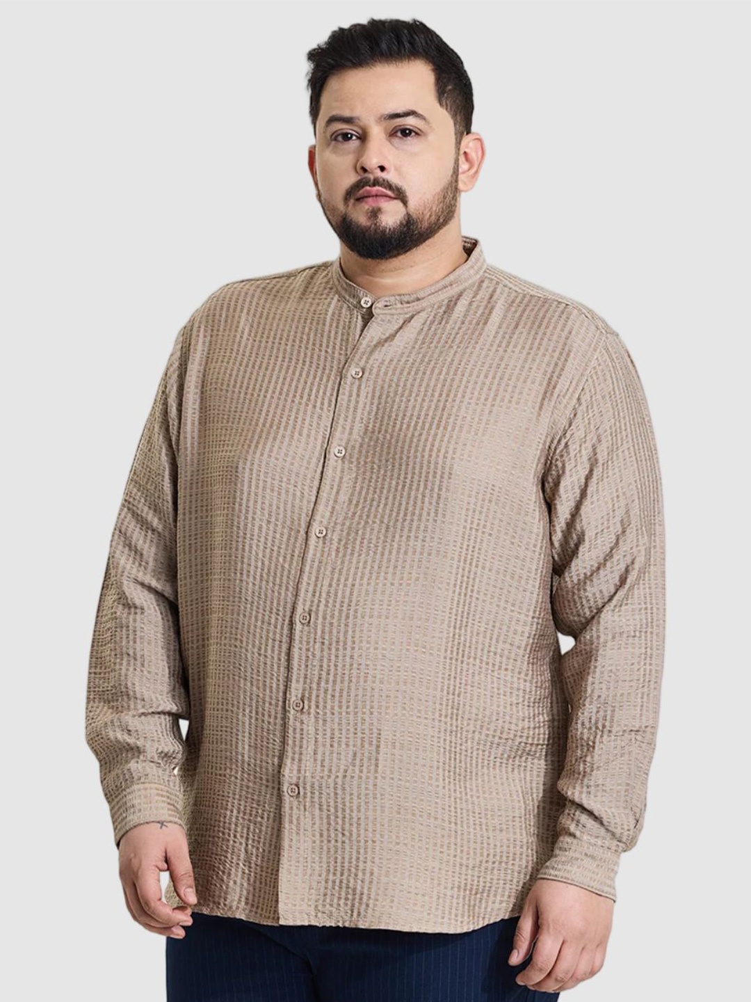 

Snitch Men Plus Size Classic Regular Fit Band Collar Textured Casual Shirt, Brown