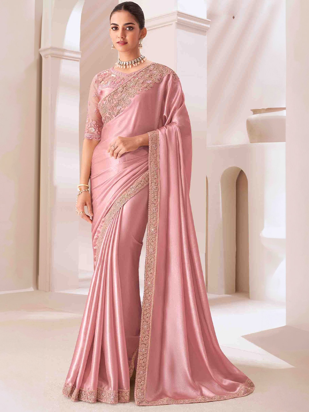 

DIVASTRI Chikankari Embroidered Border Georgette Saree, Pink