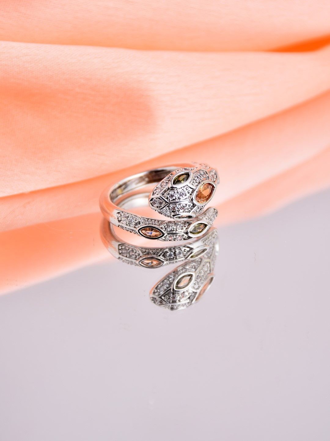 

Reenisaa Rhodium-Plated Cubic Zirconia Studded Adjustable Finger Ring, Silver