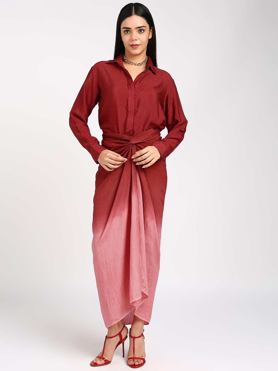 

4427 clothing Cinch Charm Shirt Collar Maxi Dress, Red