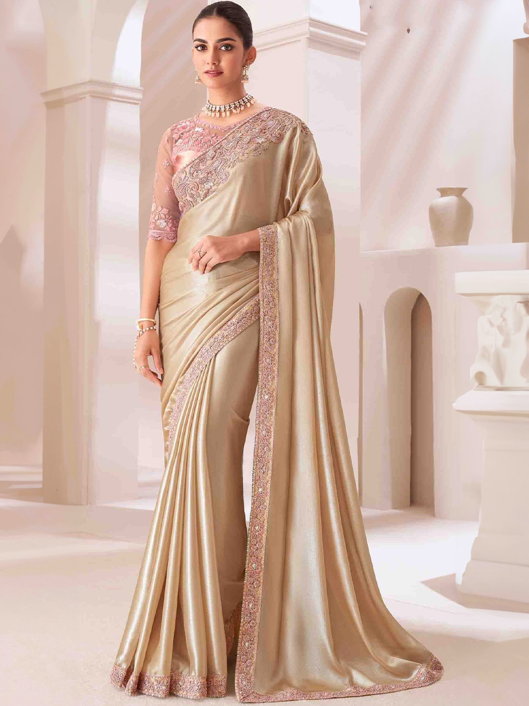 

DIVASTRI Embroidered Pure Georgette Saree, Khaki