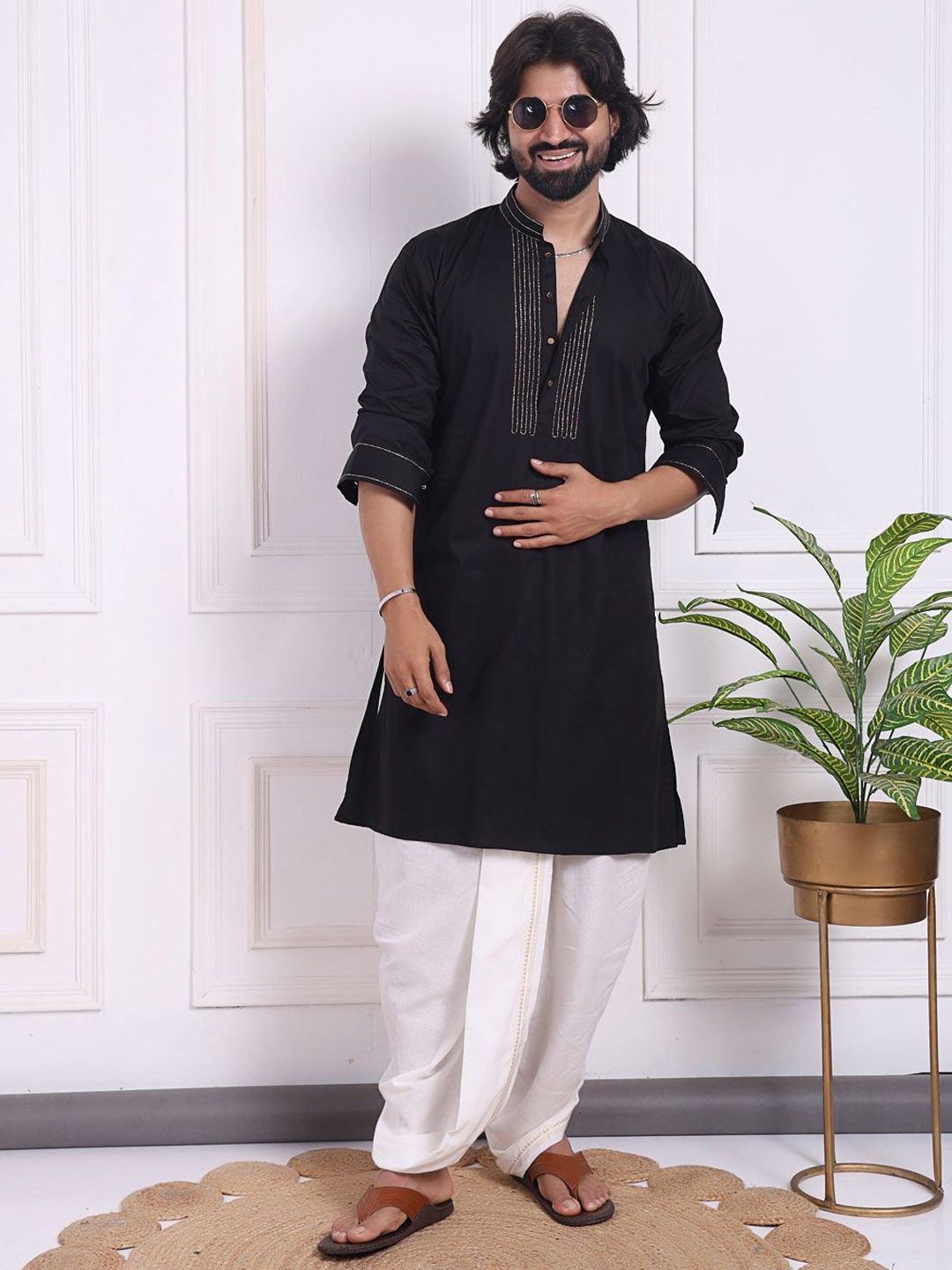 

MIDAV Men Yoke Design Thread Work Summer Sheers Pathani Kurta, Black