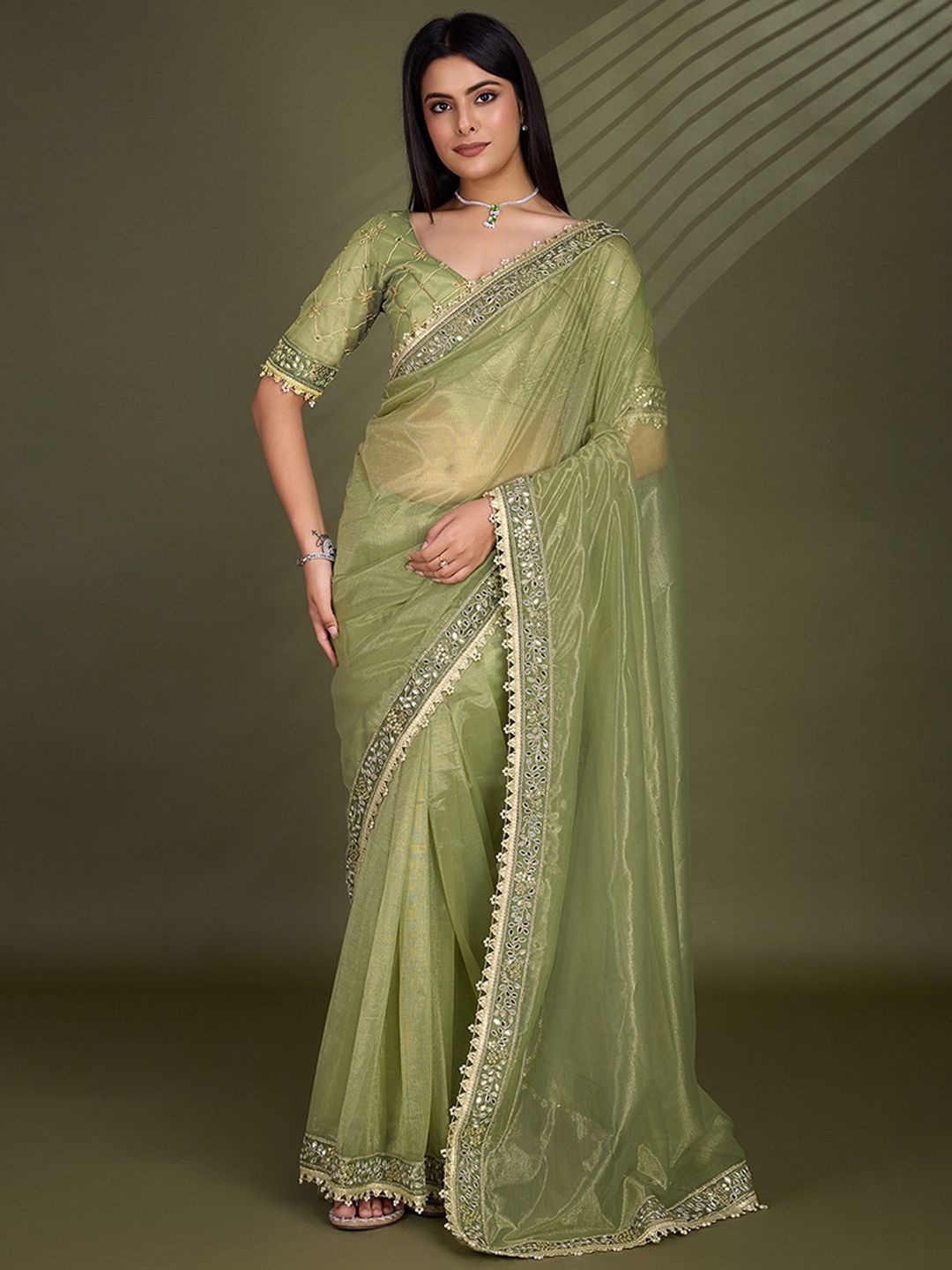 

Peachmode Women Mirror Work Border Net Saree, Green
