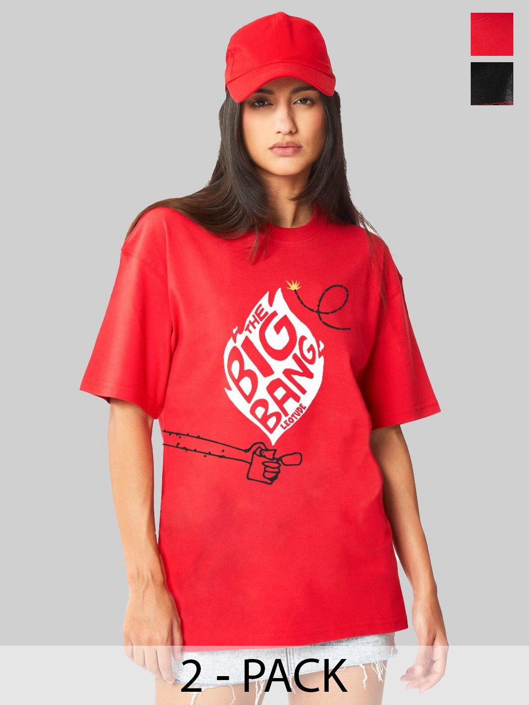 

Leotude Women Pack Of 2 Graphic Printed Round Neck Cotton Oversized T-shirts, Red