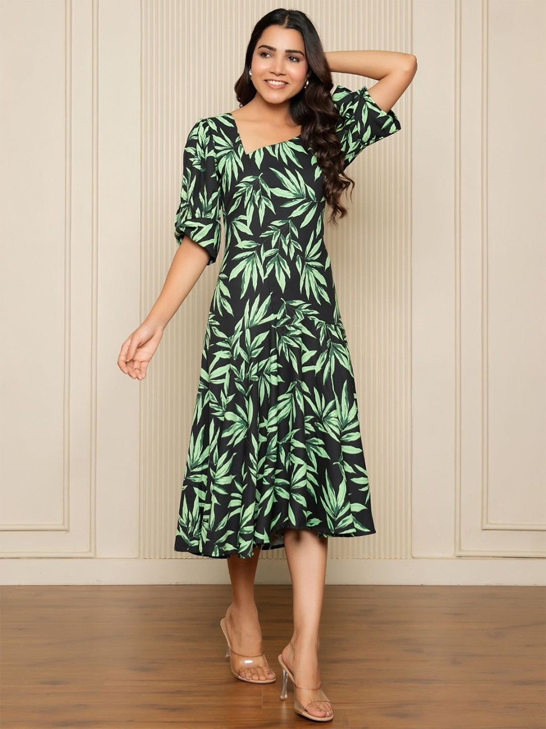 

NOUN Women Tropical Print Georgette A-Line Midi Dress, Green