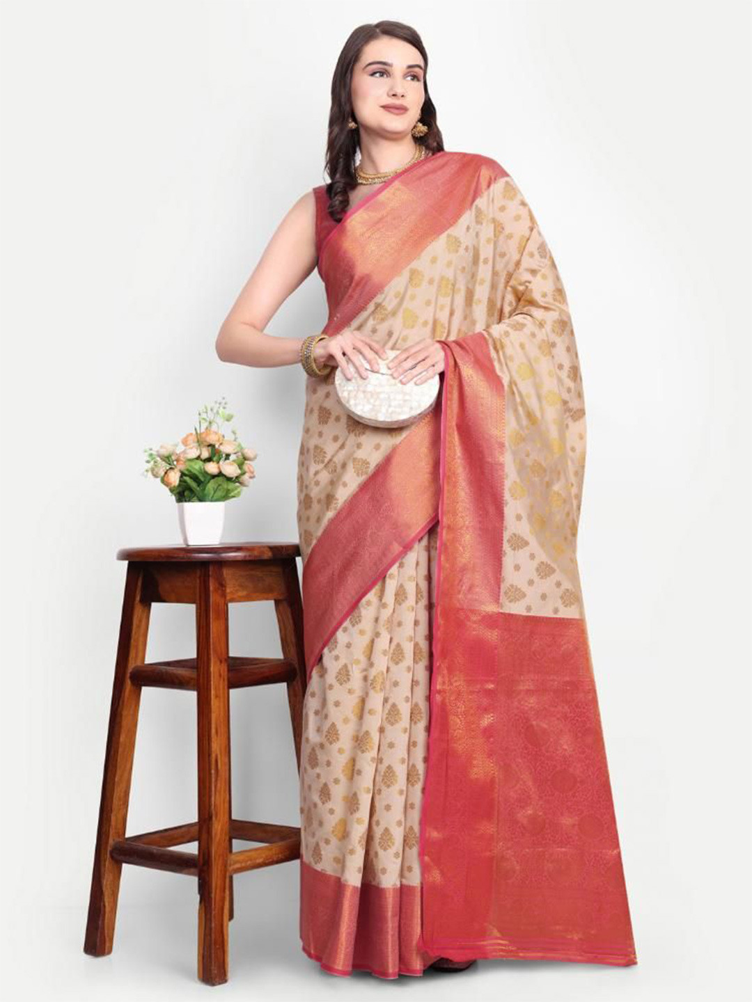 

AKSH FASHION Ethnic Motifs Woven Design Zari Silk Blend Designer Banarasi Saree, Cream