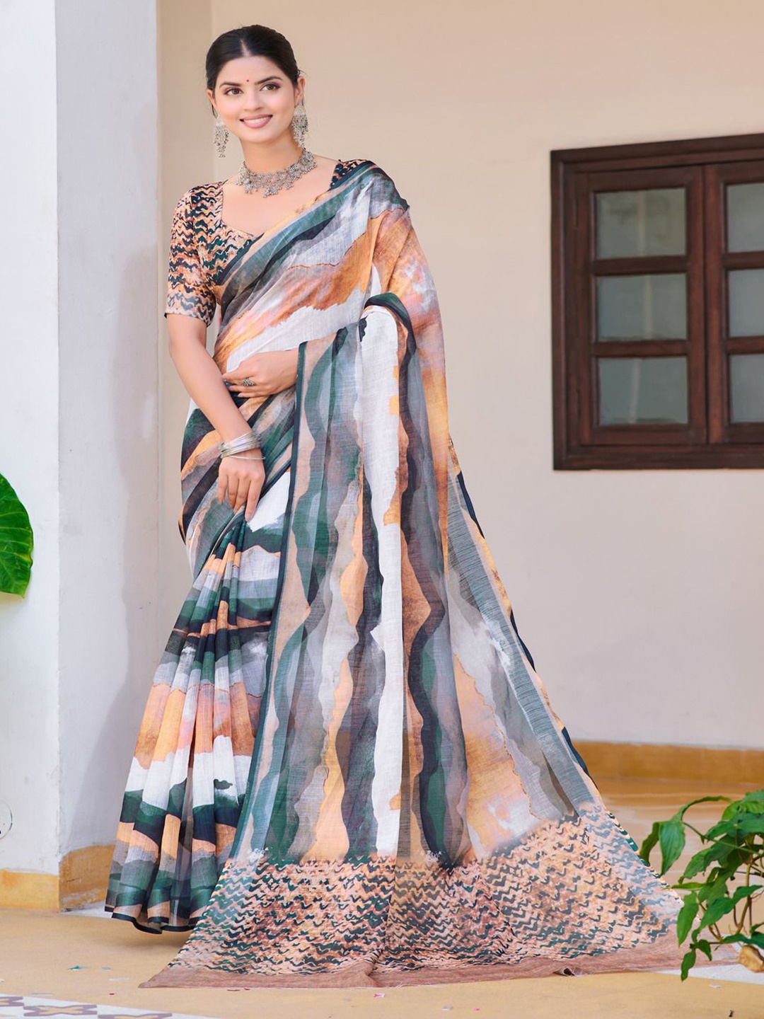 

TRENDING KART Printed Chanderi Saree, Blue