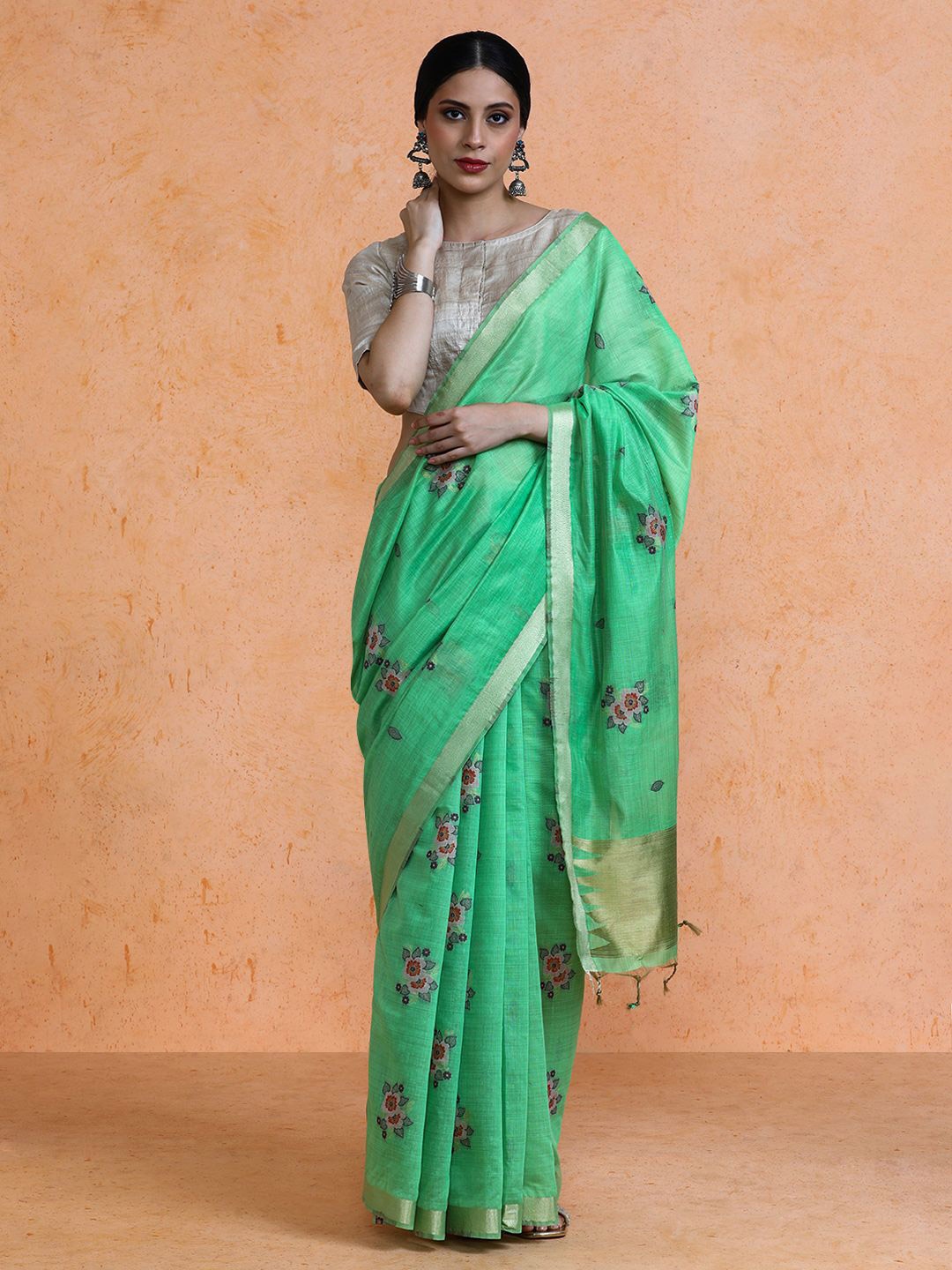 

SARHA Woven Design Chanderi Cotton Saree, Green