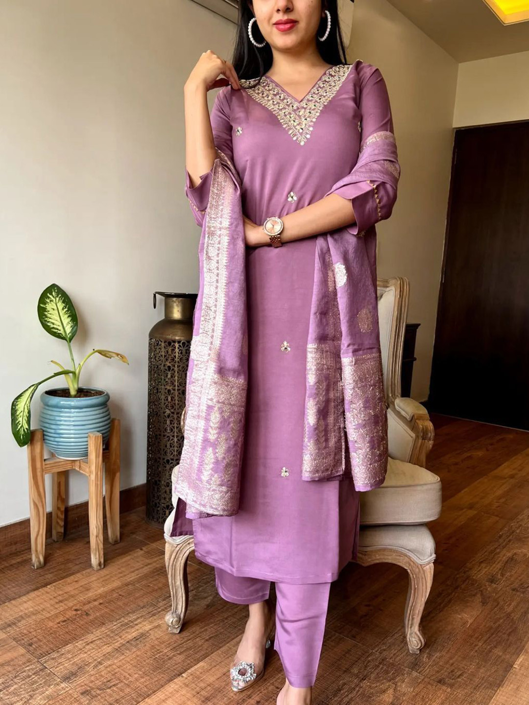 

Wedani Floral Embroidered Straight Kurta With Trouser And Dupatta, Purple