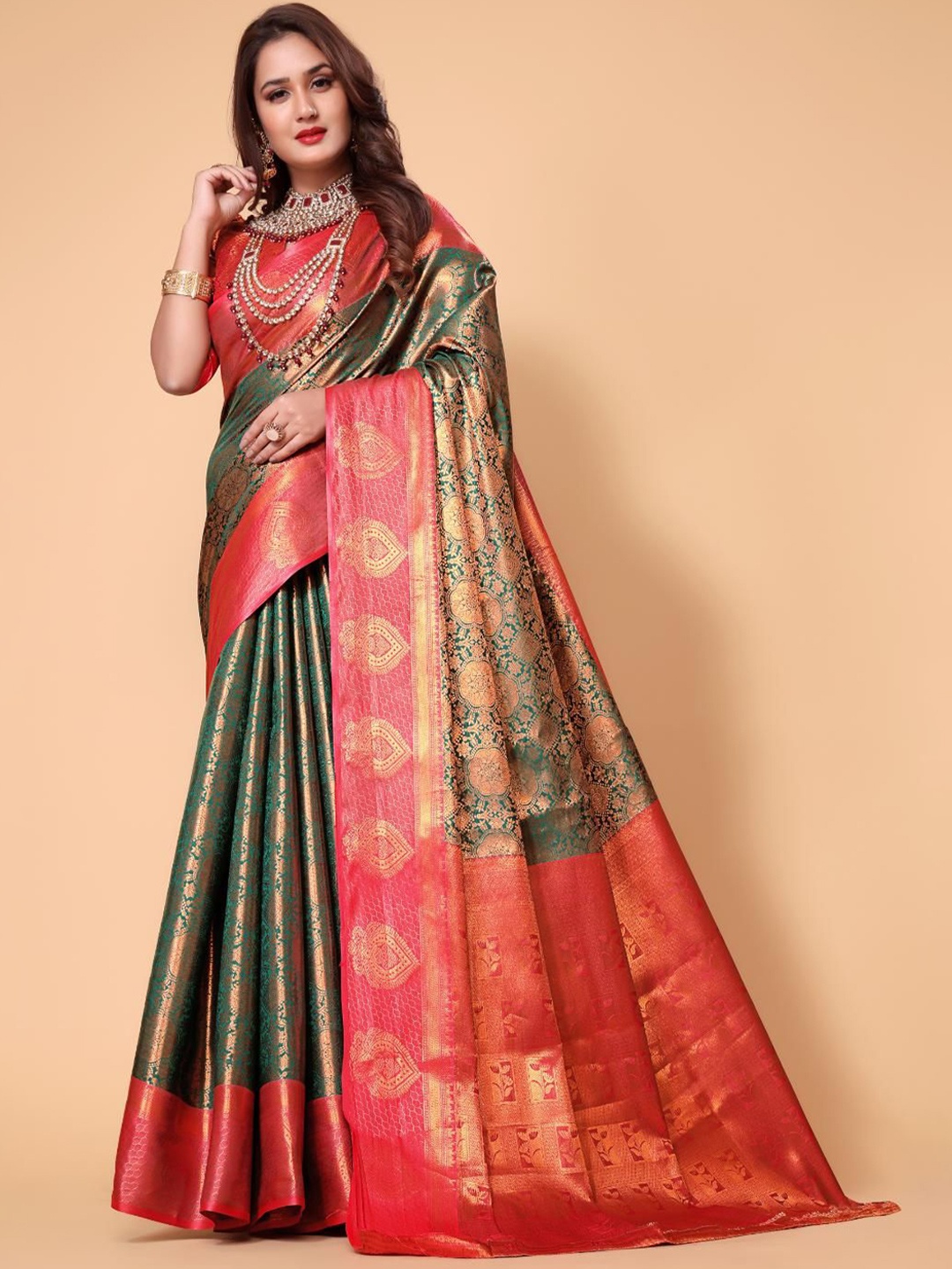 

AKSH FASHION Woven Design Zari Banarasi Saree With Unstitched Blouse Piece, Green