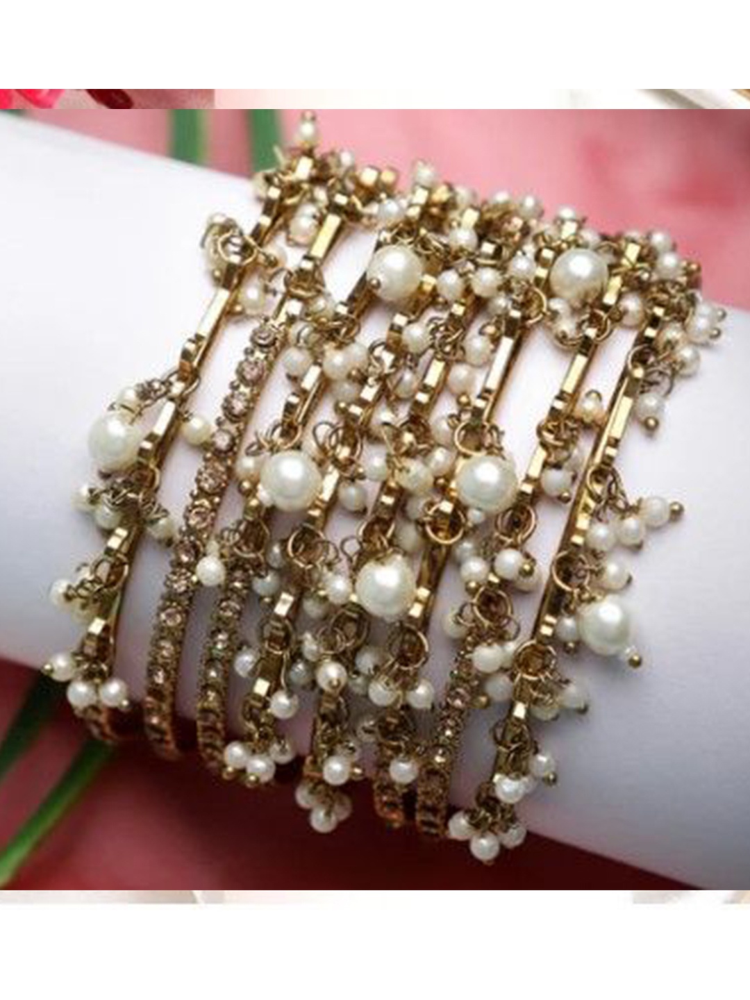 

leshya Set Of 8 Artificial Stones Studded And Beaded Bridal Chura Bangles, Gold