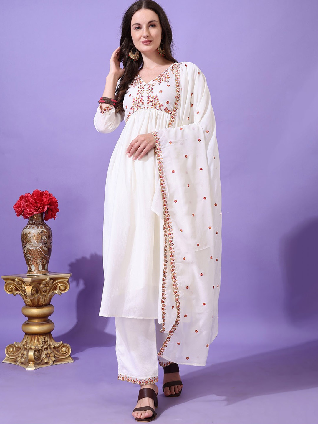

KALINI Floral Embroidered Straight Kurta With Trouser And Dupatta, White