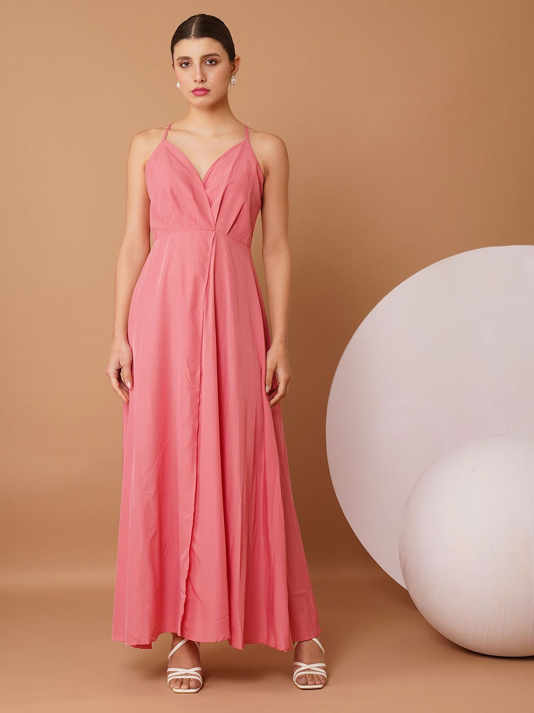 

Chemistry Women Solid Shoulder Straps Neck Sleeveless Maxi Warp Dress, Pink