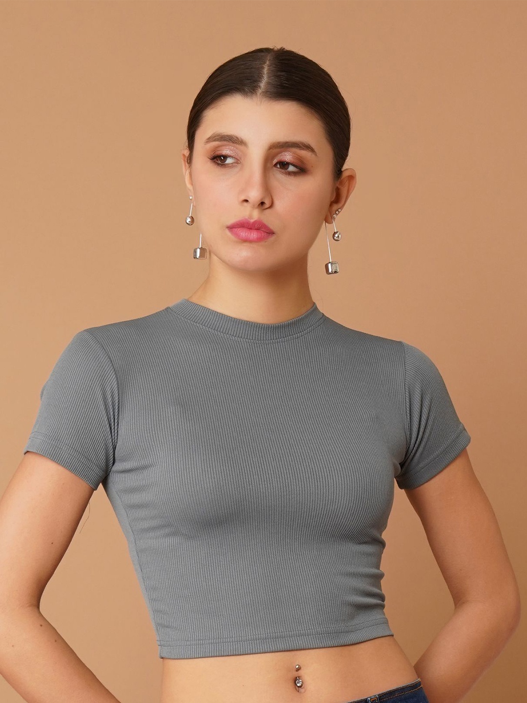 

Chemistry Women Ribbed Fitted Crop Top, Grey