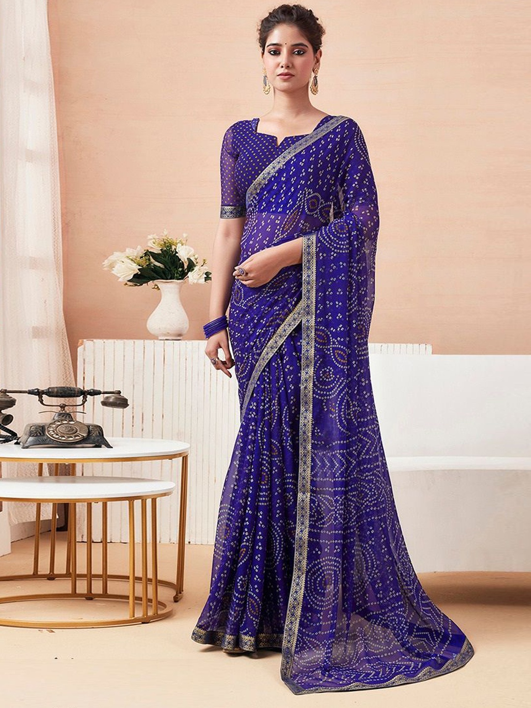

Styleveda Bandhani Printed Zari Pure Georgette Bandhani Saree, Blue