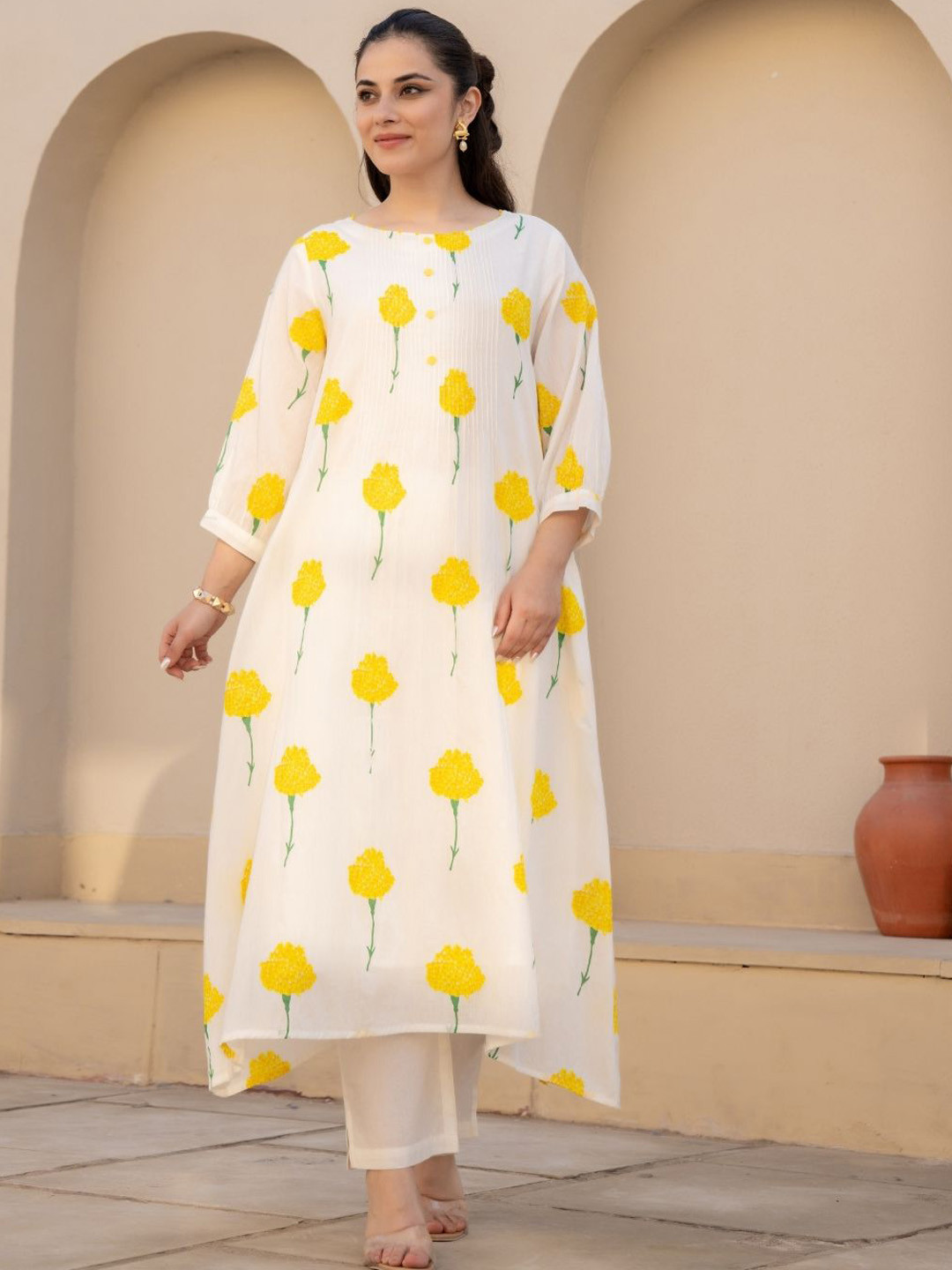 

Atha Fashion Floral Printed Round Neck Pure Cotton A-Line Kurta with Trousers, Off white