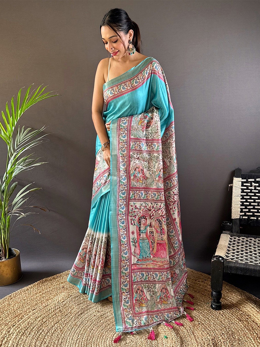 

Rangtulika Ethnics Kalamkari Printed Tussar Saree, Turquoise blue